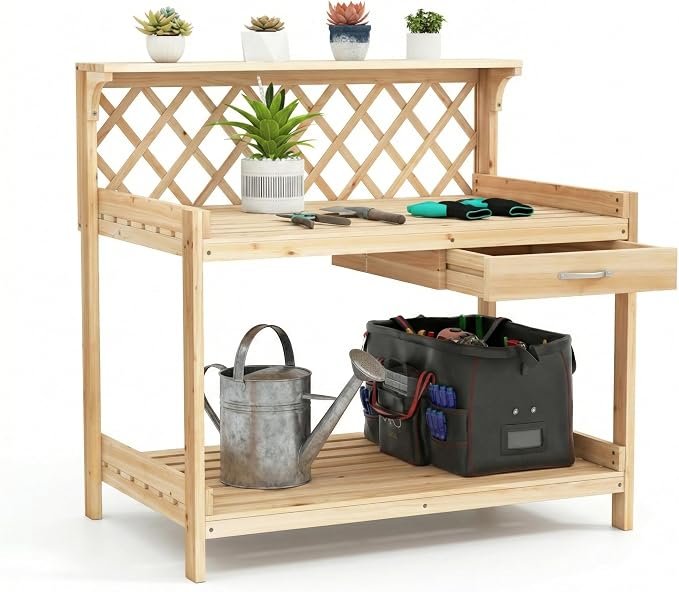 Garden Workbench with Trellis and Storage