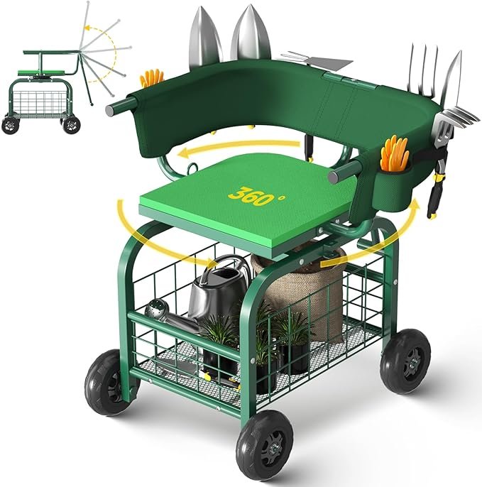Rolling Garden Seat with Storage Basket