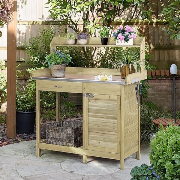Garden Potting Table with Drawer and Hooks