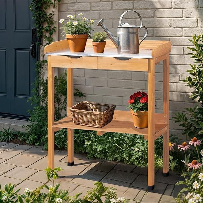 Garden Potting Bench with Shelf and Hooks
