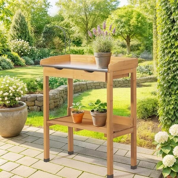 Garden Potting Bench with Shelf and Hooks