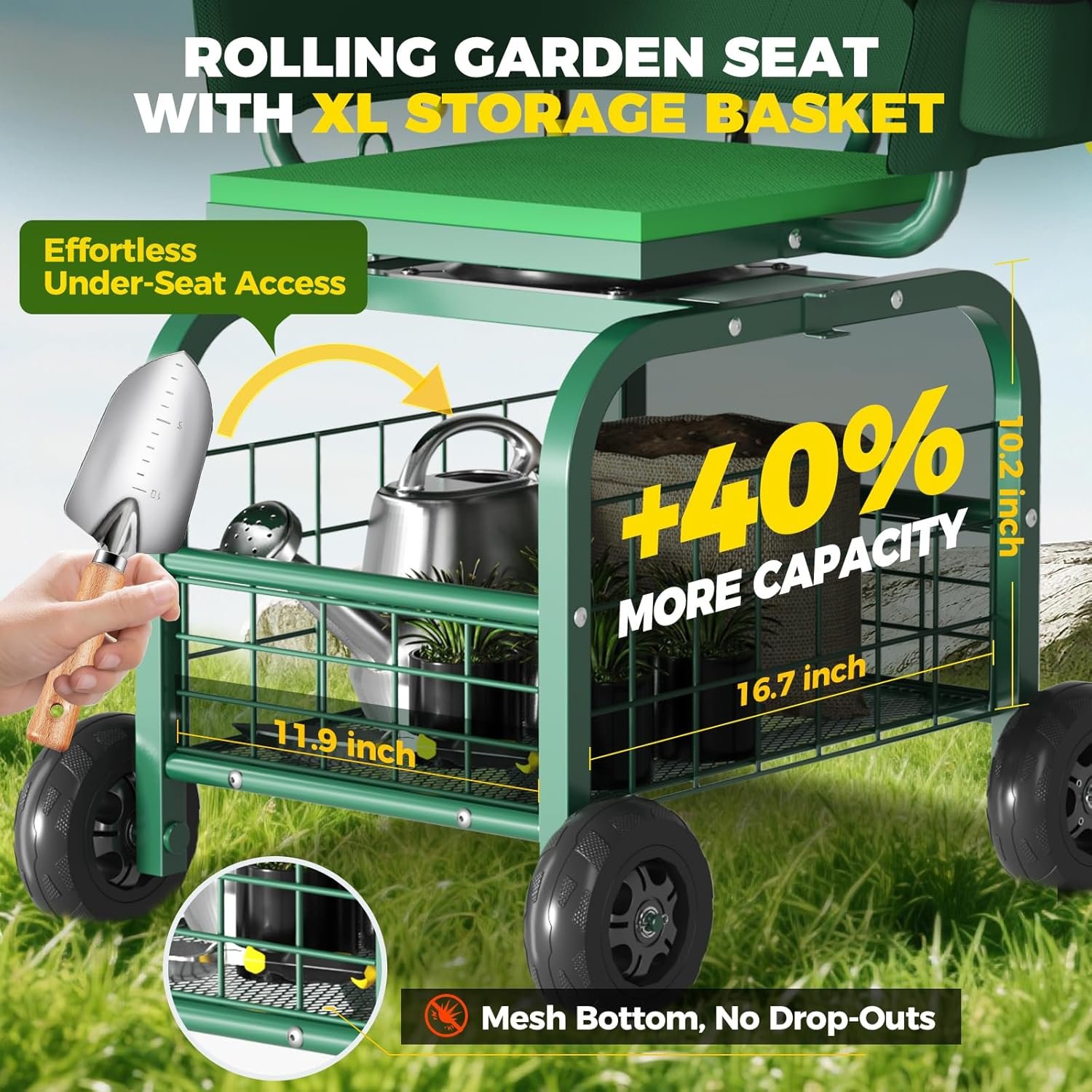 Rolling Garden Seat with Storage Basket