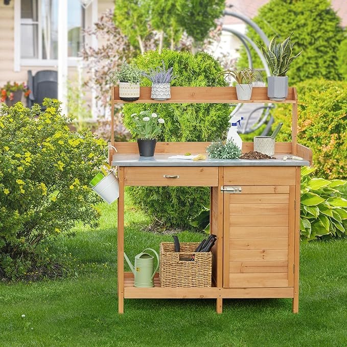 Garden Potting Bench with Drawer and Shelf
