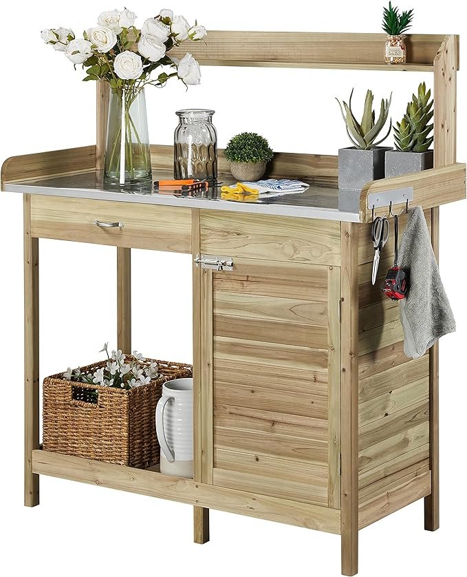 Garden Potting Table with Drawer and Hooks