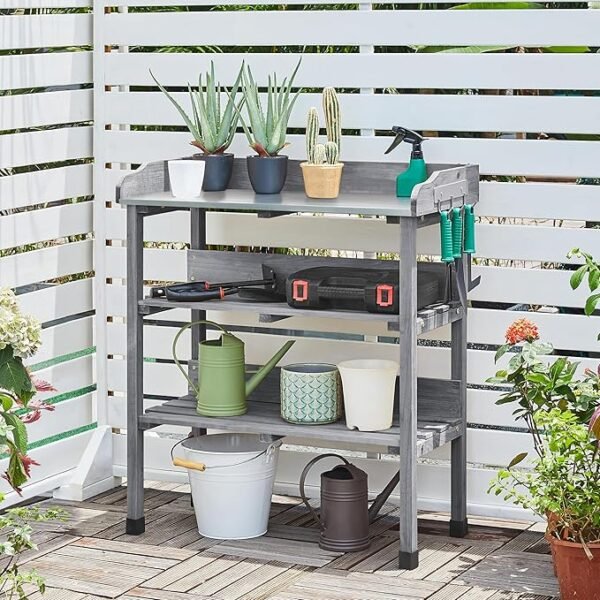 Garden Potting Table with Shelves and Hooks