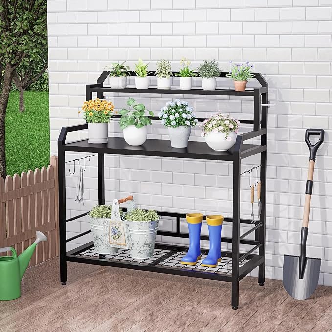 Metal Garden Workbench with Storage Shelves